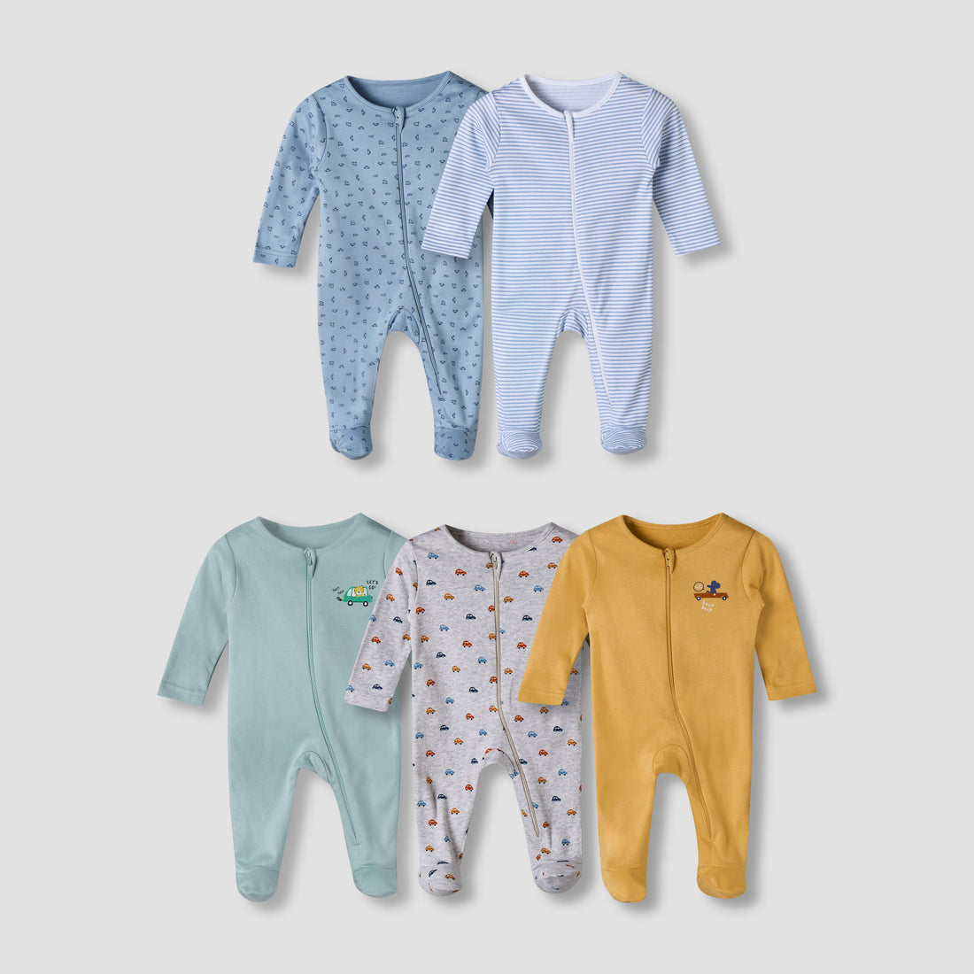 Pack of 5 Juniors Cotton Round Neck Long Sleeve Sleepsuit with Zip Closure - Multicolour / 12-18 mths