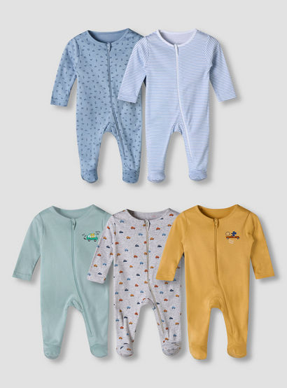Pack of 5 Juniors Cotton Round Neck Long Sleeve Sleepsuit with Zip Closure-baby-boys-clothing-nightwear-sleepsuits-image-1