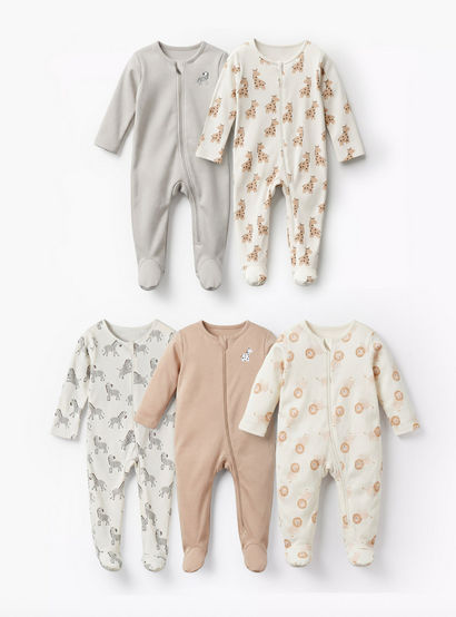 Pack of 5 Juniors Cotton Round Neck Long Sleeve Sleepsuit with Zip Closure-baby-boys-clothing-nightwear-sleepsuits-image-1