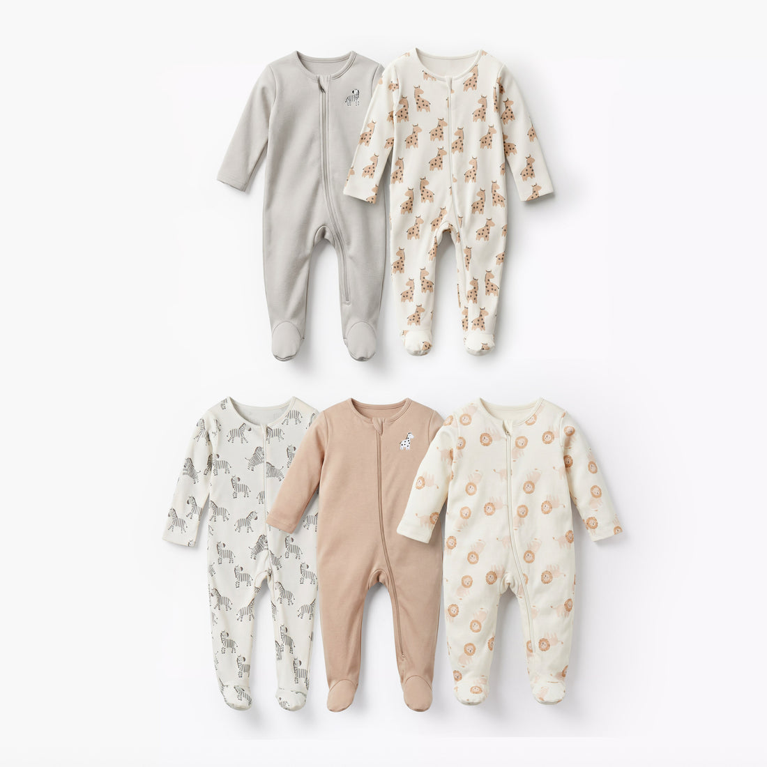 Pack of 5 Juniors Cotton Round Neck Long Sleeve Sleepsuit with Zip Closure - Multicolour / 12-18 mths
