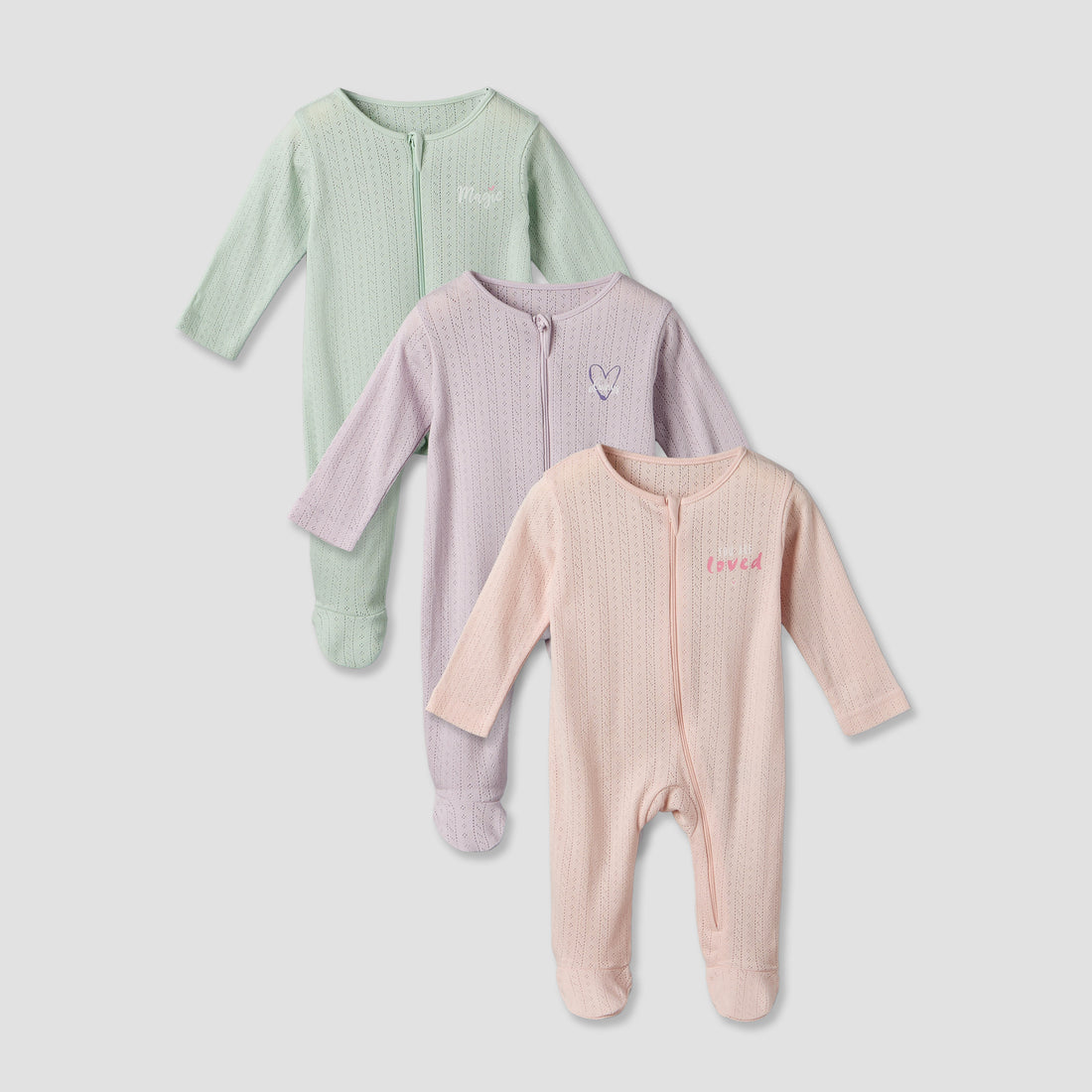 Pack of 3 Juniors Cotton Round Neck Long Sleeves Sleepsuit with Zip Closure - Multicolour / 12-18 mths