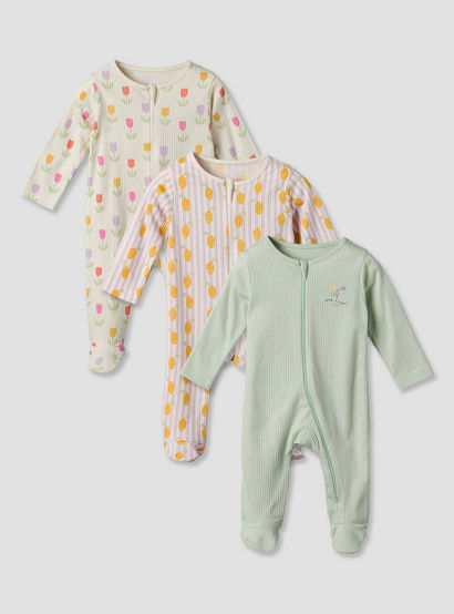 Pack of 3 Juniors Cotton Round Neck Long Sleeves Sleepsuit with Zip Closure-baby-girls-clothing-nightwear-sleepsuits-image-1