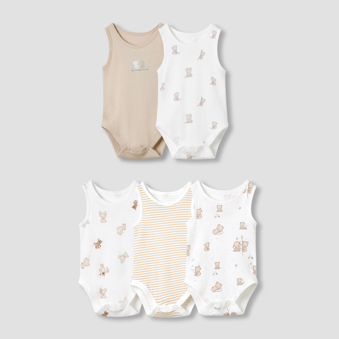 Juniors Round Neck Bodysuit with Snap Button Closure - Cotton - Sleeveless - Set of 5 - Beige / 18-24 mths