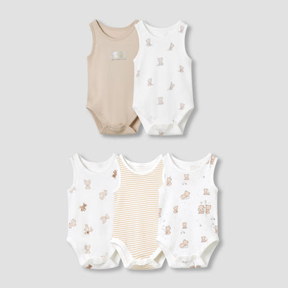 Juniors Round Neck Bodysuit with Snap Button Closure - Cotton - Sleeveless - Set of 5 - Beige / 18-24 mths