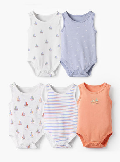 Pack of 5 Juniors Crew Neck Sleeveless Bodysuit with Nautical Print-baby-boys-clothing-bodysuits-image-1