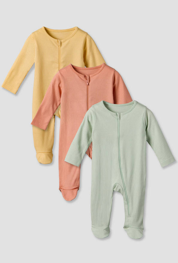 Pack of 3 Juniors Cotton Round Neck Long Sleeves Sleepsuit with Ribbed Design