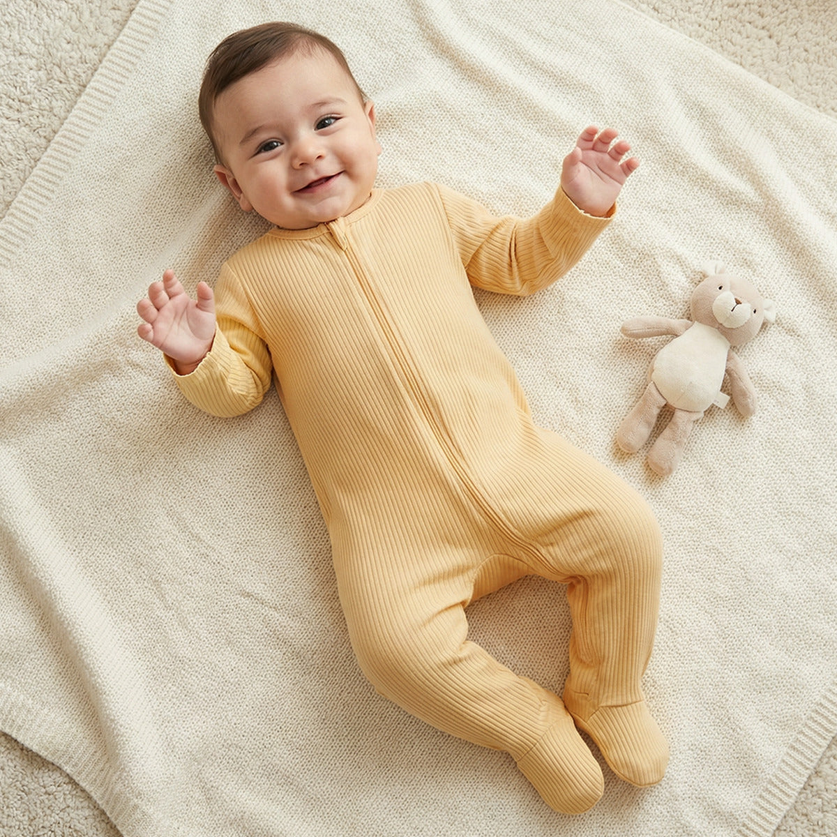 Pack of 3 Juniors Cotton Round Neck Long Sleeves Sleepsuit with Ribbed Design