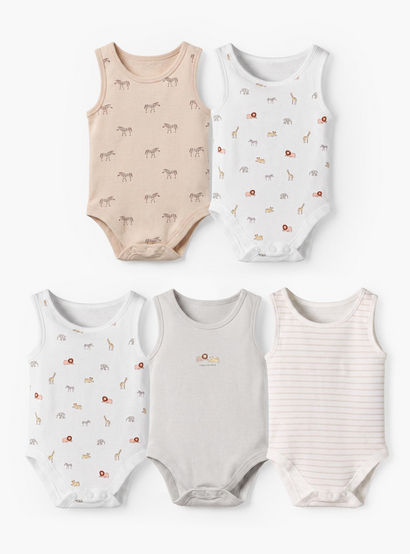 Pack of 5 Juniors Crew Neck Sleeveless Bodysuit with Safari Print-baby-boys-clothing-bodysuits-image-1