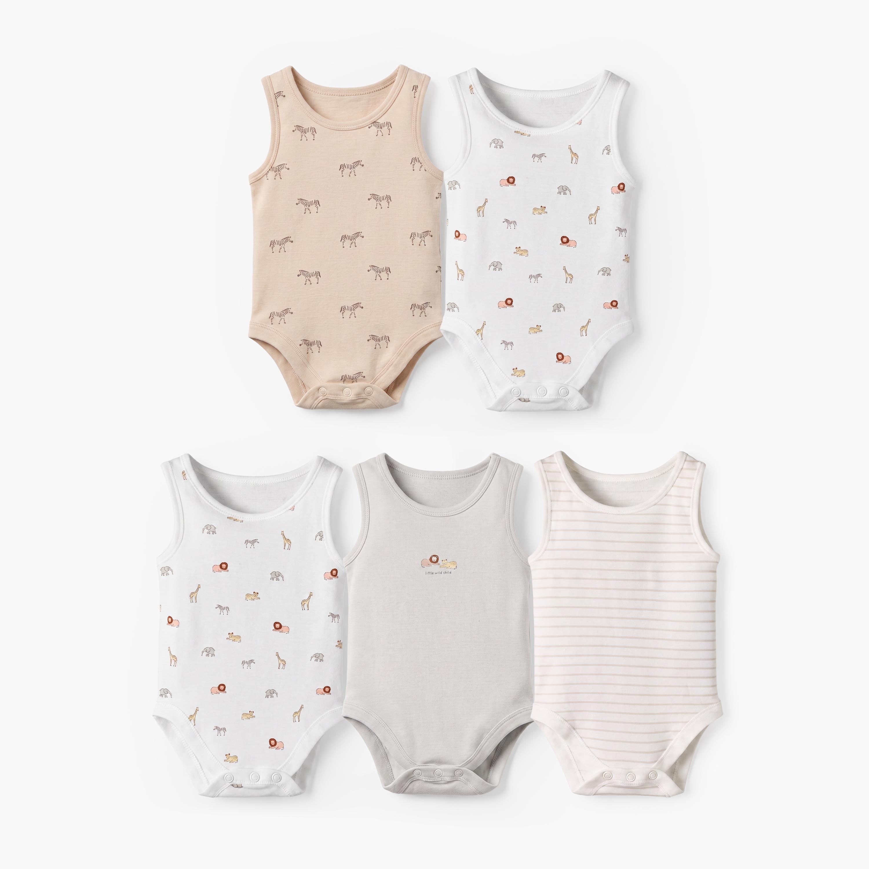 Pack of 5 Juniors Crew Neck Sleeveless Bodysuit with Safari Print - Multicolour / 12-18 mths