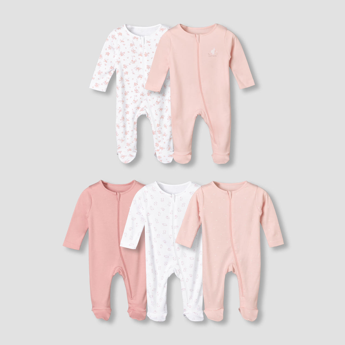Pack of 5 Juniors Cotton Crew Neck Long Sleeves Sleepsuit with Assorted Print - Pink / 12-18 mths