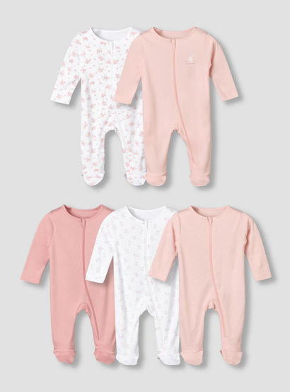 Pack of 5 Juniors Cotton Crew Neck Long Sleeves Sleepsuit with Assorted Print-baby-girls-clothing-nightwear-sleepsuits-image-1