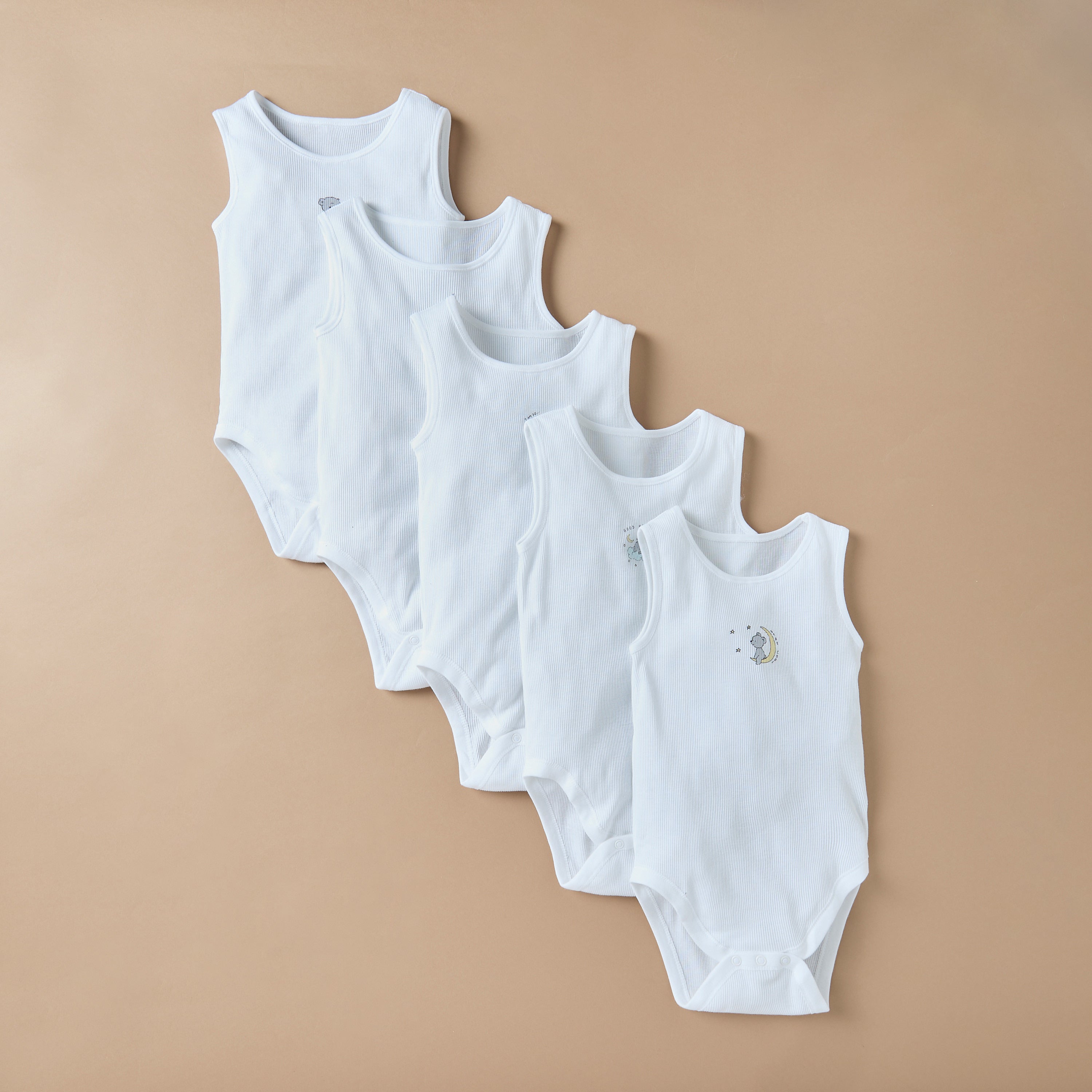 Juniors Bear Print Sleeveless Bodysuit with Snap Button Closure - Set of 5 - White / 12-18 mths