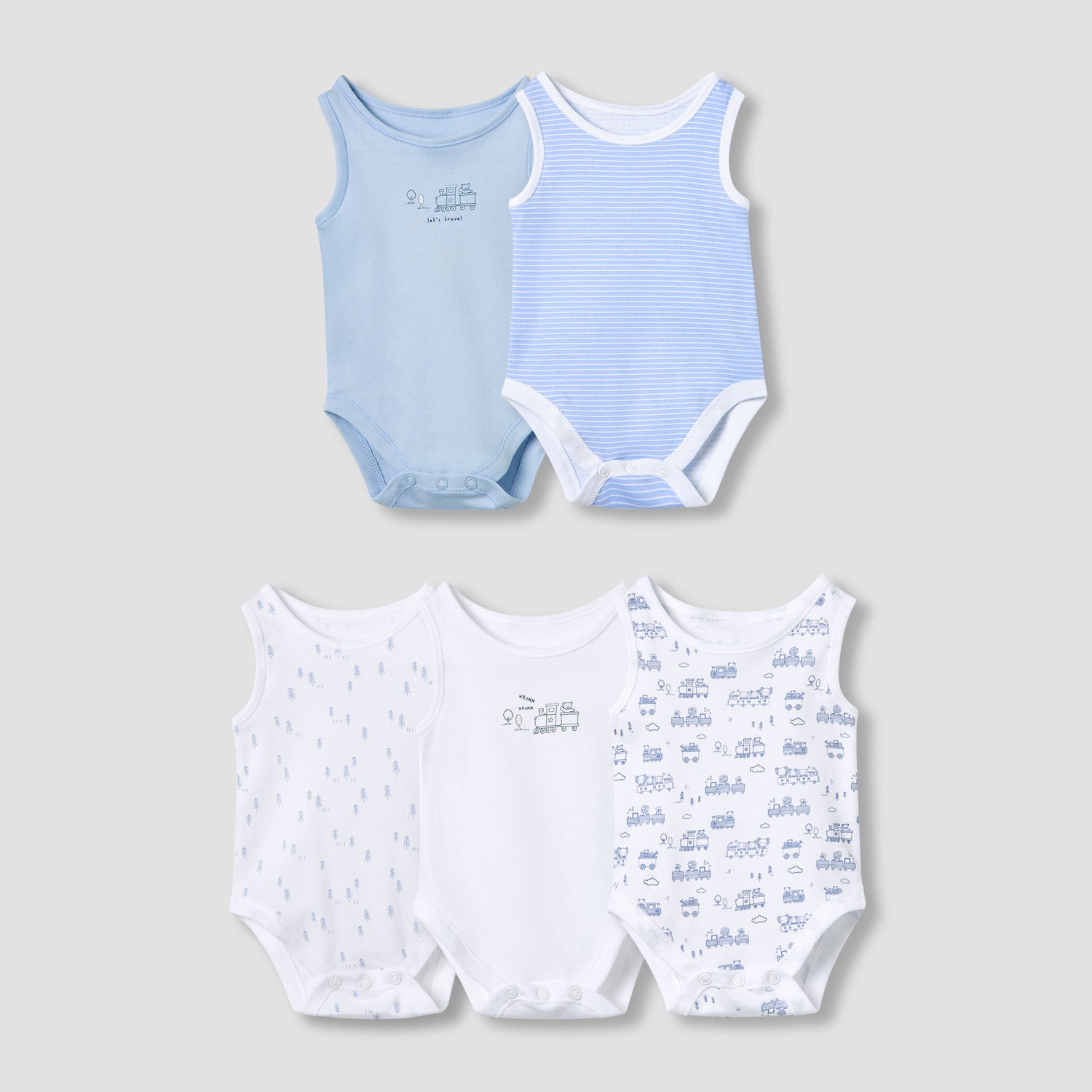 Juniors Printed Sleeveless Bodysuit with Snap Button Closure - Set of 5 - Blue / 12-18 mths