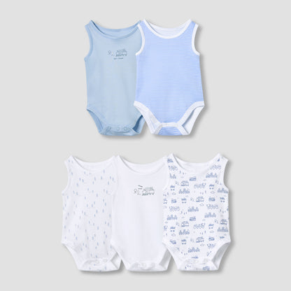 Juniors Printed Sleeveless Bodysuit with Snap Button Closure - Set of 5 - Blue / 12-18 mths