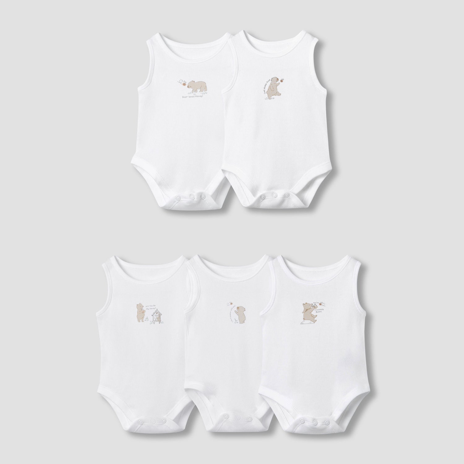 Juniors Round Neck Bodysuit with Snap Button Closure - Cotton - Sleeveless - Set of 5 - White / 18-24 mths
