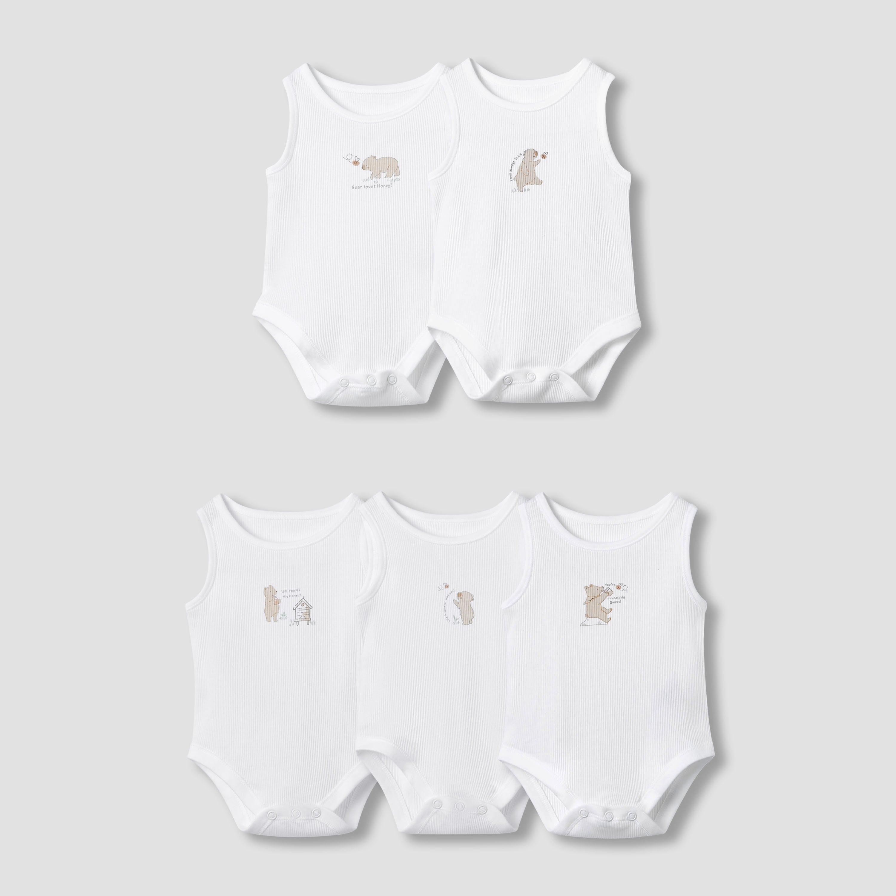 Juniors Round Neck Bodysuit with Snap Button Closure - Cotton - Sleeveless - Set of 5 - White / 18-24 mths