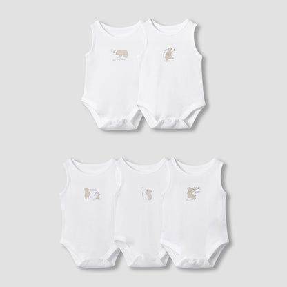 Juniors Round Neck Bodysuit with Snap Button Closure - Cotton - Sleeveless - Set of 5 - White / 18-24 mths