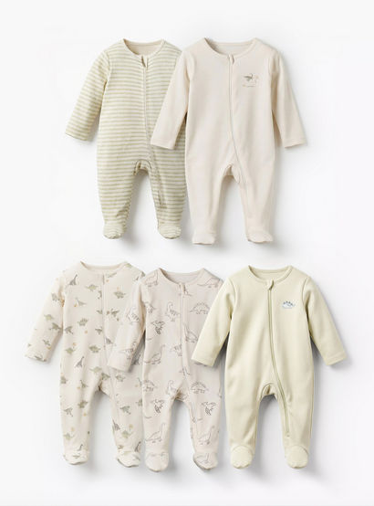 Pack of 5 Juniors Cotton Round Neck Long Sleeves Sleepsuit with Dinosaur Print-baby-boys-clothing-nightwear-sleepsuits-image-1