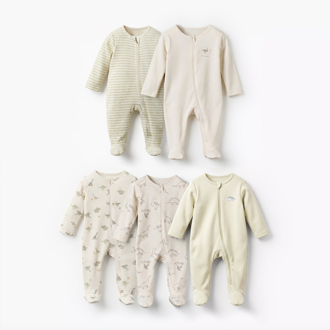 Pack of 5 Juniors Cotton Round Neck Long Sleeves Sleepsuit with Dinosaur Print - Green / 12-18 mths