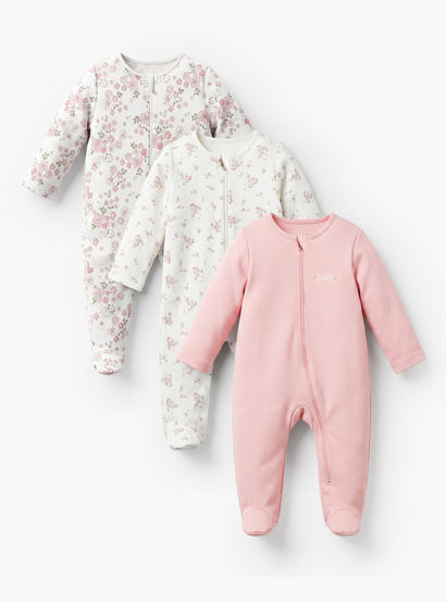 Pack of 3 Juniors Cotton Crew Neck Long Sleeve Sleepsuit with Zip Closure-baby-girls-clothing-nightwear-sleepsuits-image-1