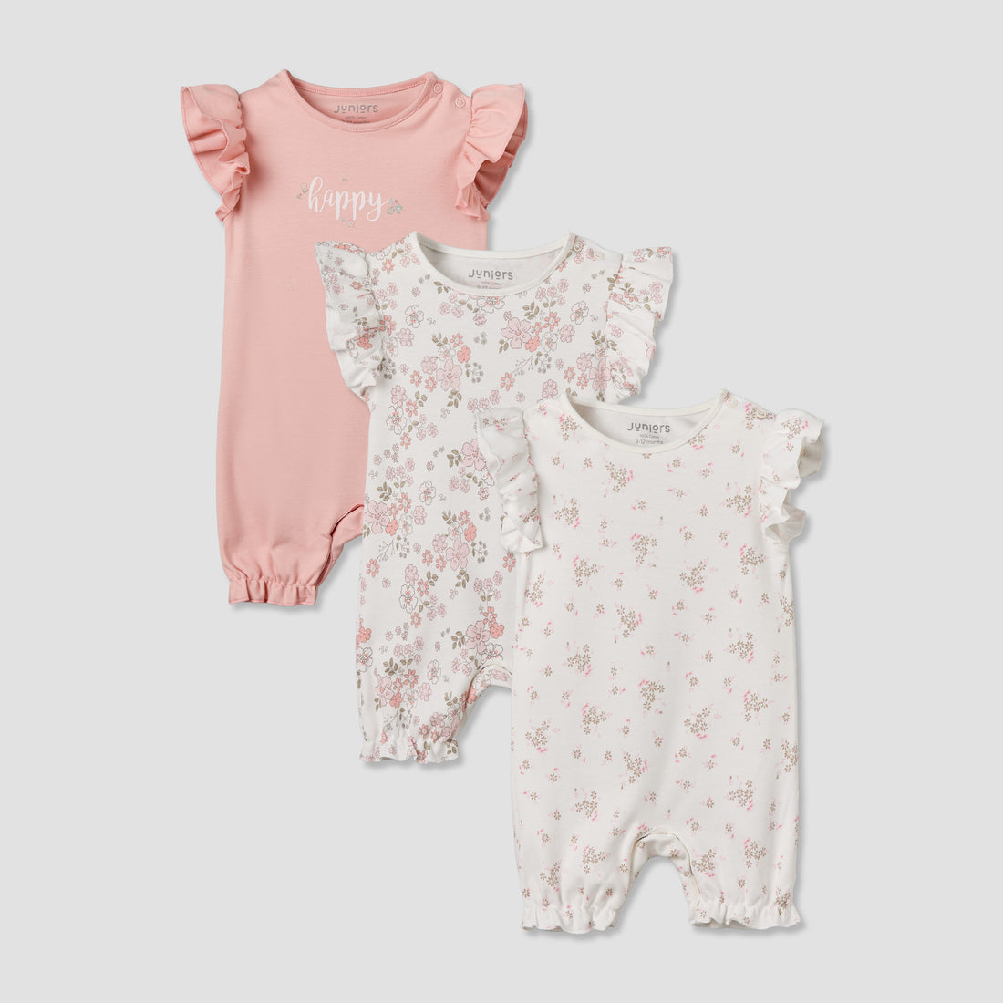Pack of 3 Juniors Round Neck Short Sleeves Romper with Floral Print - Pink / 12-18 mths
