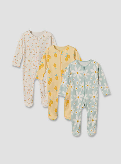 Pack of 3 Juniors Cotton Round Neck Long Sleeves Sleepsuit with Zip Closure-baby-girls-clothing-nightwear-sleepsuits-image-1