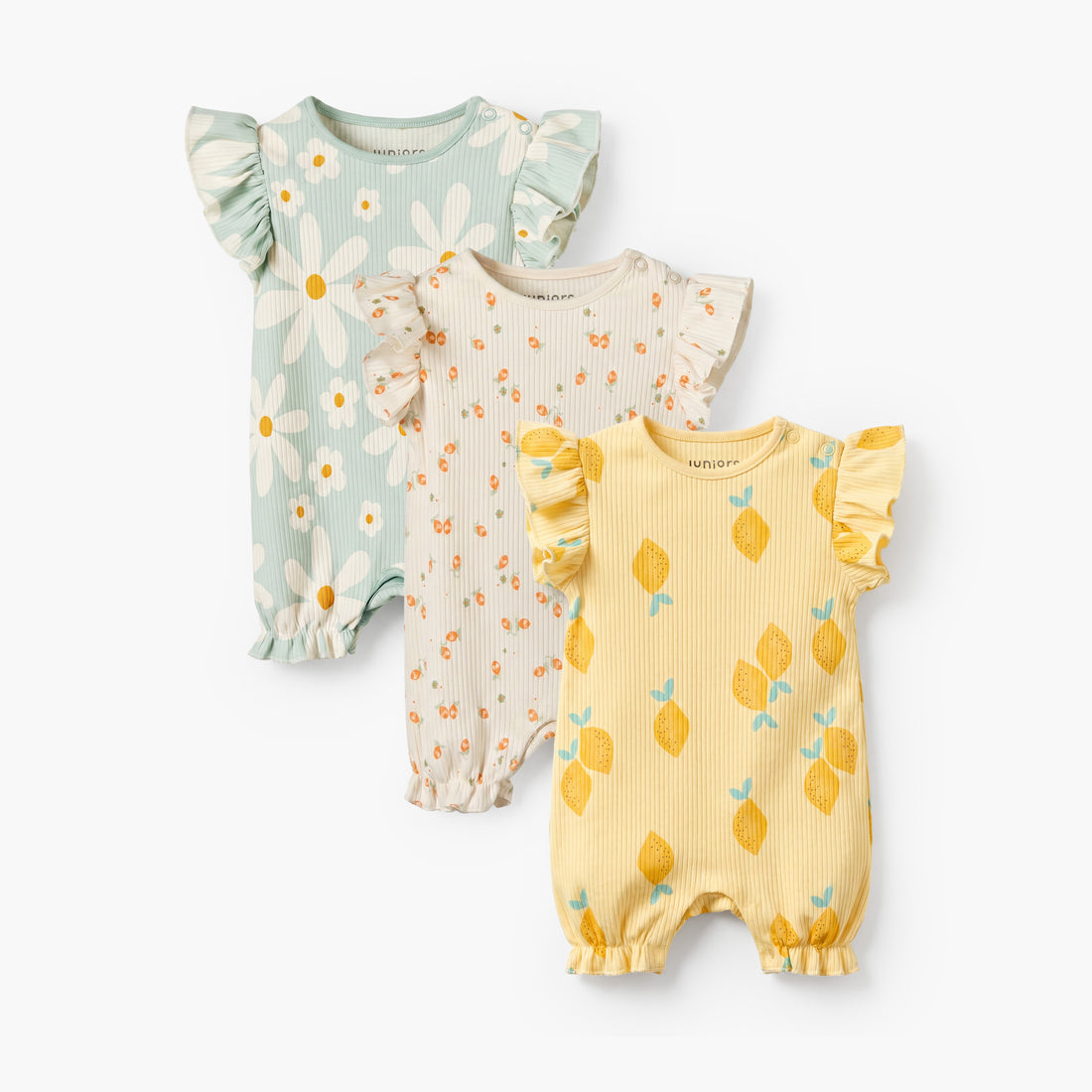 Pack of 3 Juniors Round Neck Short Sleeves Romper with Snap Button Closure - Multicolour / 12-18 mths