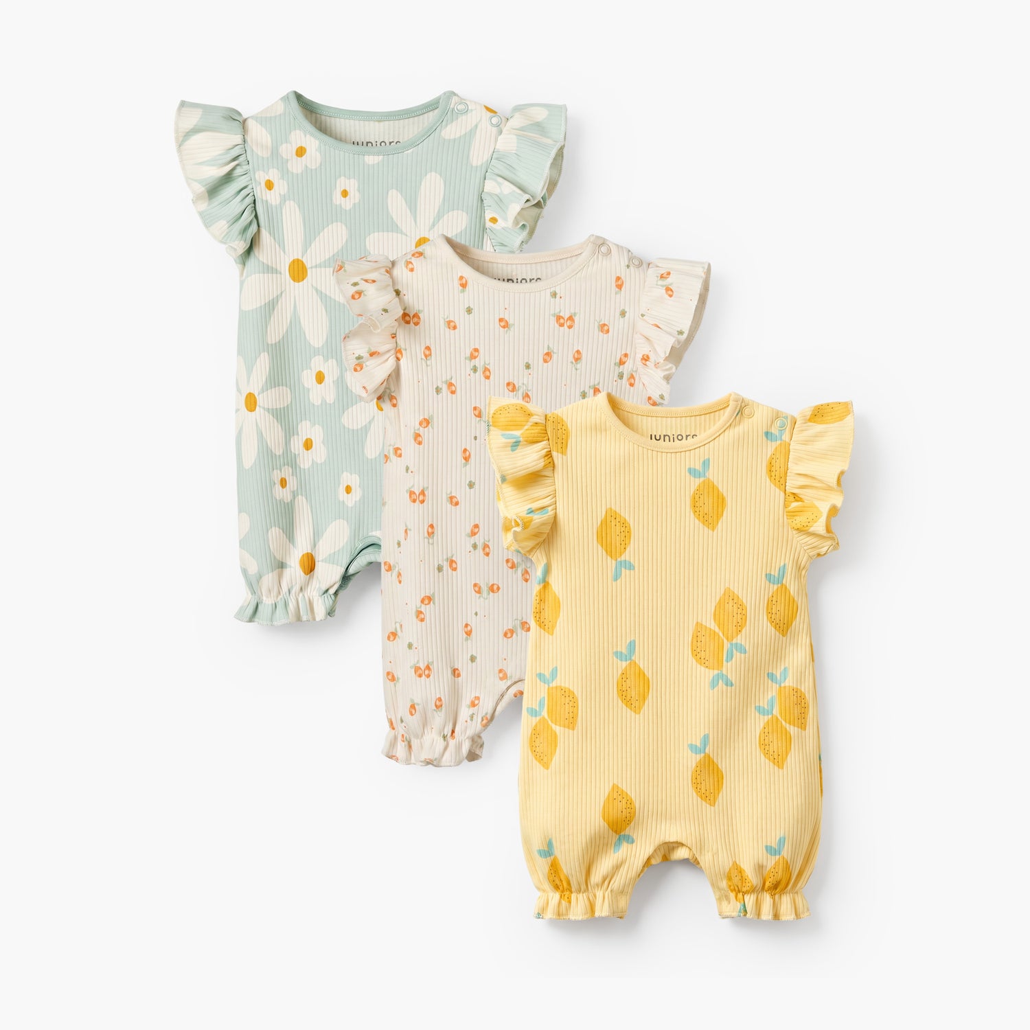 Pack of 3 Juniors Round Neck Short Sleeves Romper with Snap Button Closure