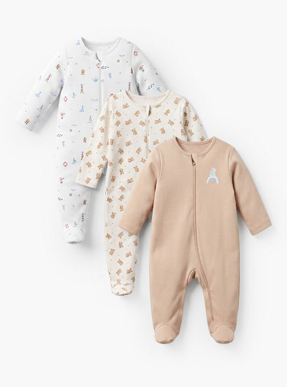 Pack of 3 Juniors Cotton Round Neck Long Sleeves Sleepsuit with Zip Closure-baby-boys-clothing-nightwear-sleepsuits-image-1