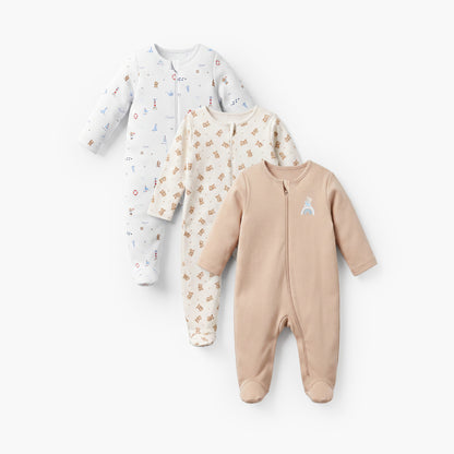 Pack of 3 Juniors Cotton Round Neck Long Sleeves Sleepsuit with Zip Closure - Beige / 12-18 mths