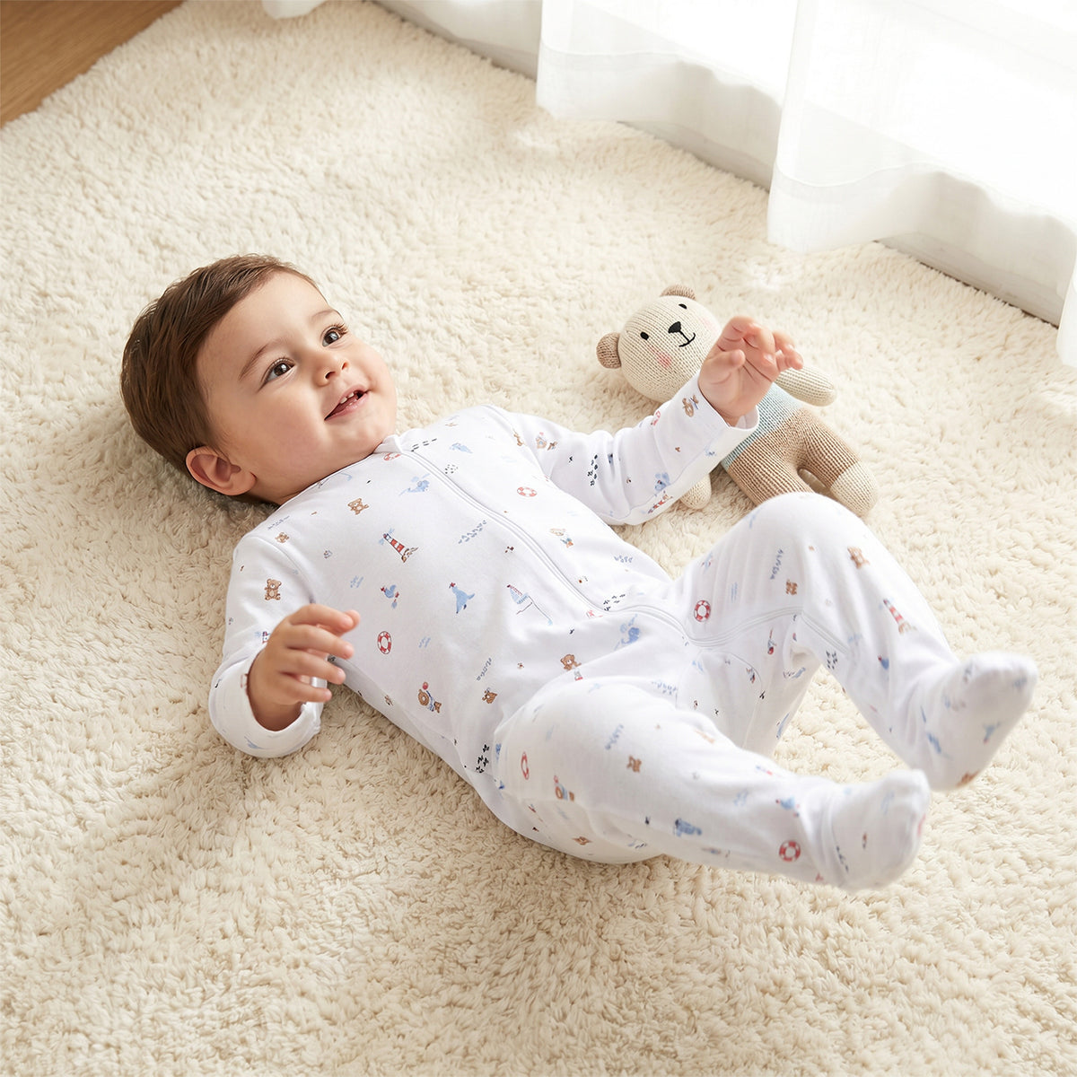 Pack of 3 Juniors Cotton Round Neck Long Sleeves Sleepsuit with Zip Closure
