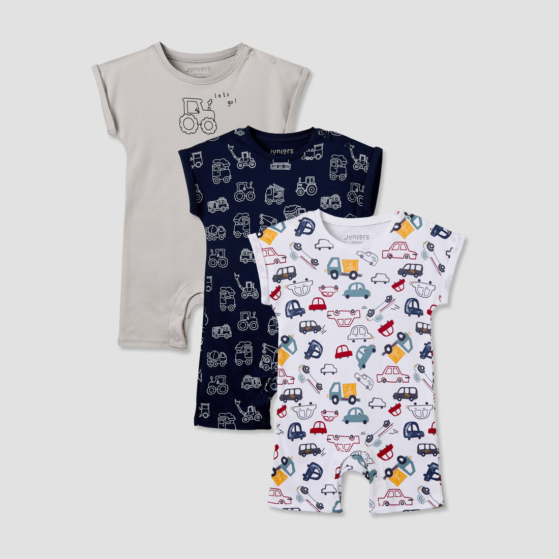 Pack of 3 Juniors Crew Neck Short Sleeves Romper with Vehicle Print