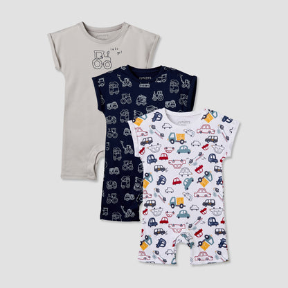 Pack of 3 Juniors Crew Neck Short Sleeves Romper with Vehicle Print