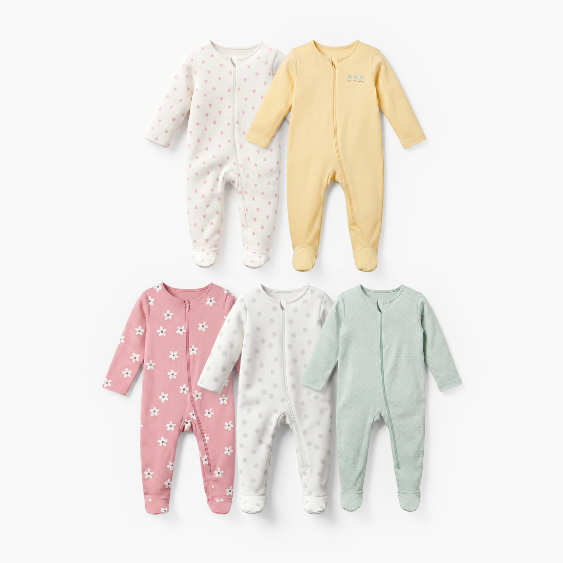 Pack of 5 Juniors Cotton Crew Neck Long Sleeve Sleepsuit with Zip Closure - Multicolour / 12-18 mths