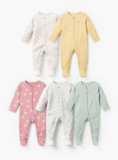Pack of 5 Juniors Cotton Crew Neck Long Sleeve Sleepsuit with Zip Closure-baby-girls-clothing-nightwear-sleepsuits-image-1