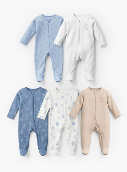 Pack of 5 Juniors Cotton Crew Neck Long Sleeve Sleepsuit with Zip Closure-baby-boys-clothing-nightwear-sleepsuits-image-1