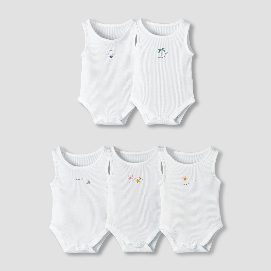 Pack of 5 Juniors Round Neck Sleeveless Bodysuit with Print - White / 12-18 mths