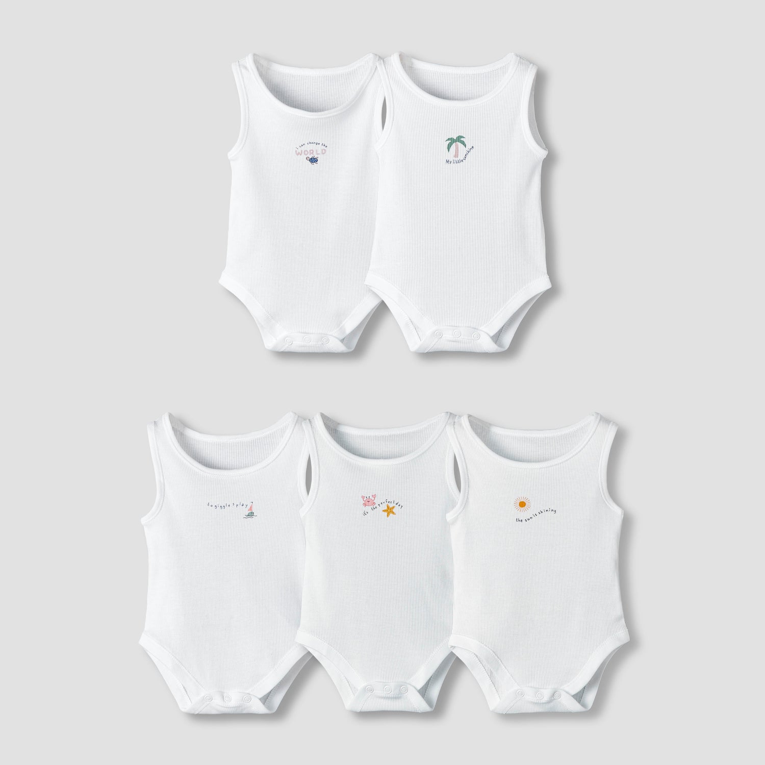 Pack of 5 Juniors Round Neck Sleeveless Bodysuit with Print - White / 12-18 mths