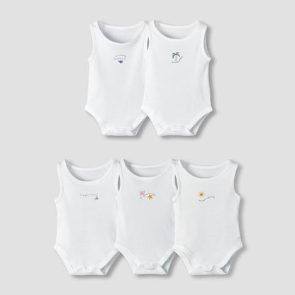 Pack of 5 Juniors Round Neck Sleeveless Bodysuit with Print - White / 12-18 mths