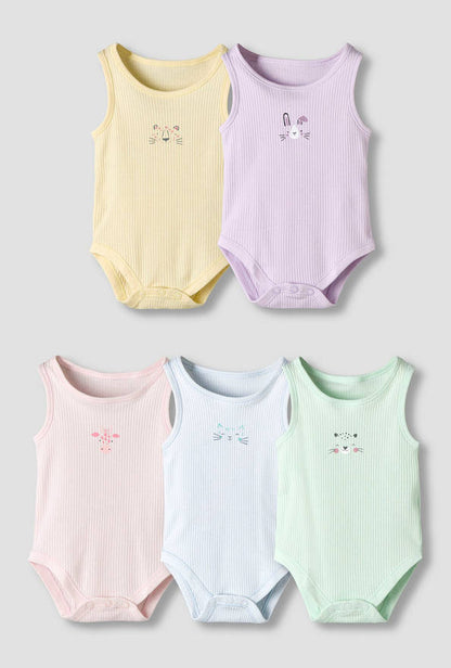 Pack of 5 Juniors Round Neck Sleeveless Bodysuit with Ribbed Design