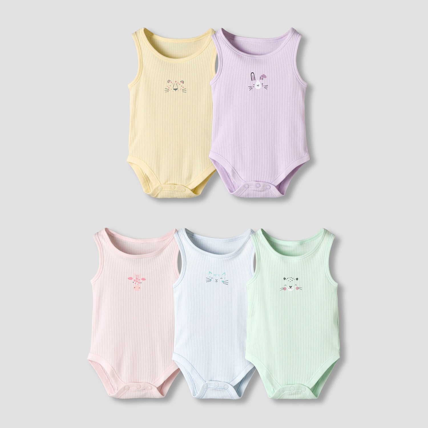 Pack of 5 Juniors Round Neck Sleeveless Bodysuit with Ribbed Design - Multicolour / 18-24 mths