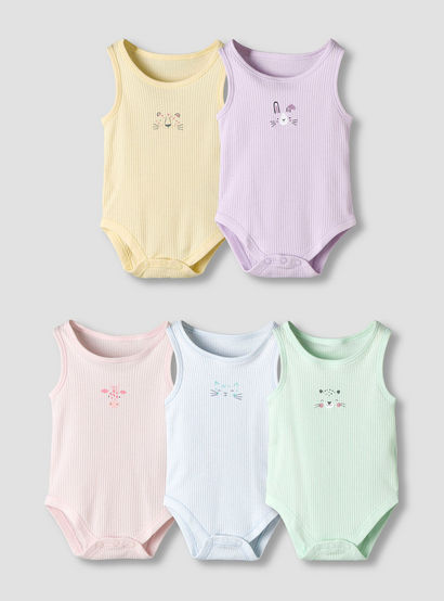Pack of 5 Juniors Round Neck Sleeveless Bodysuit with Ribbed Design-baby-boys-clothing-multipacks-image-1