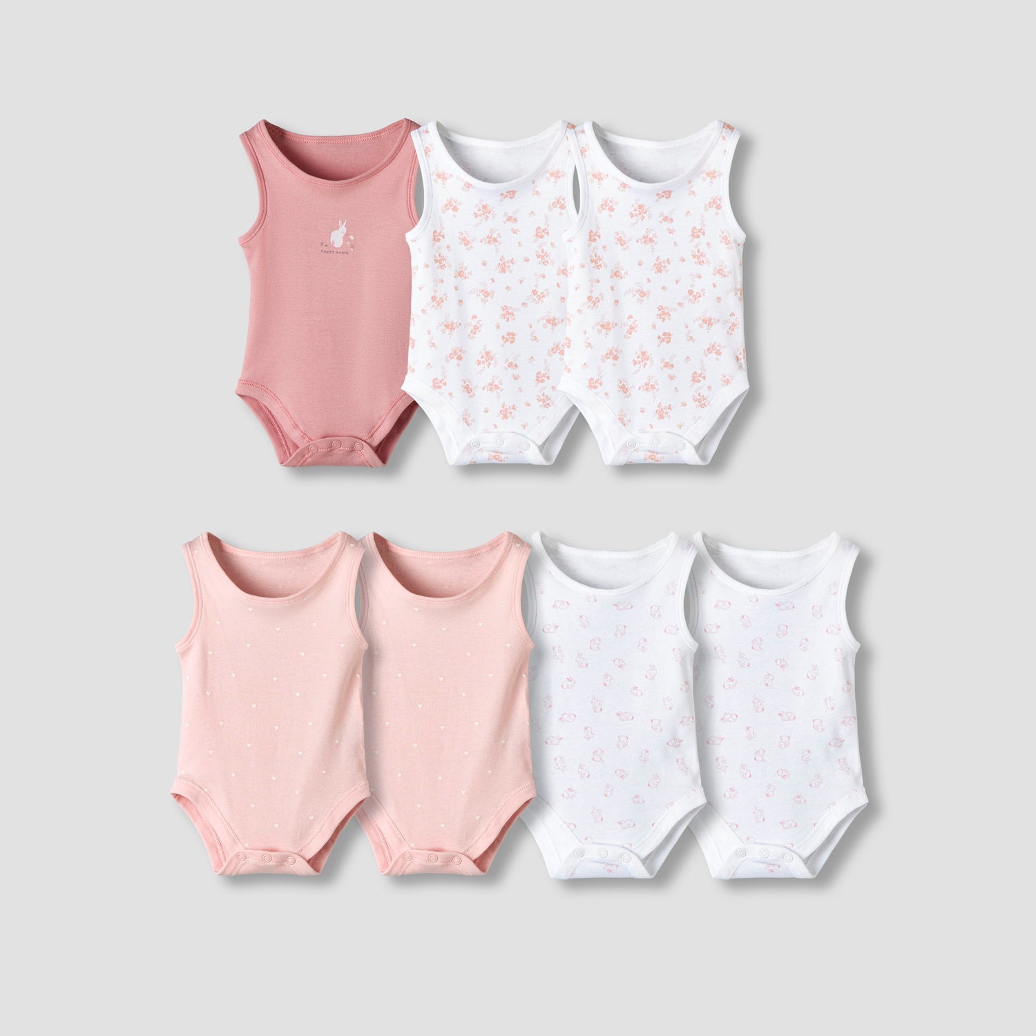 Pack of 7 Juniors Round Neck Sleeveless Bodysuit with Fun Prints - Pink / 12-18 mths