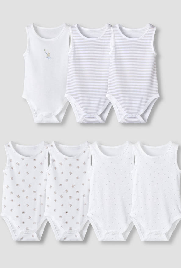 Pack of 7 Juniors Round Neck Sleeveless Bodysuit with Fun Prints