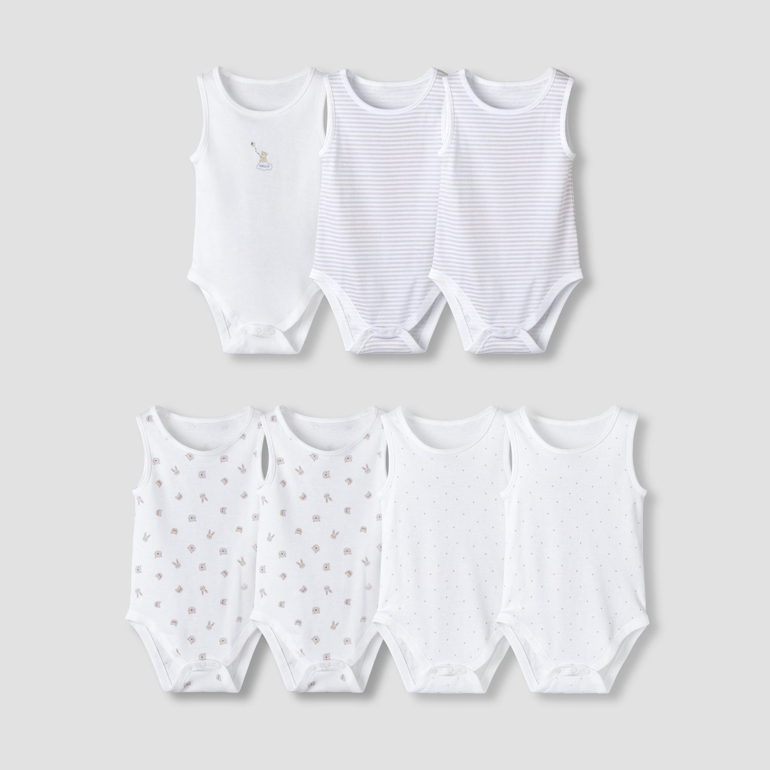 Pack of 7 Juniors Round Neck Sleeveless Bodysuit with Fun Prints - White / 18-24 mths