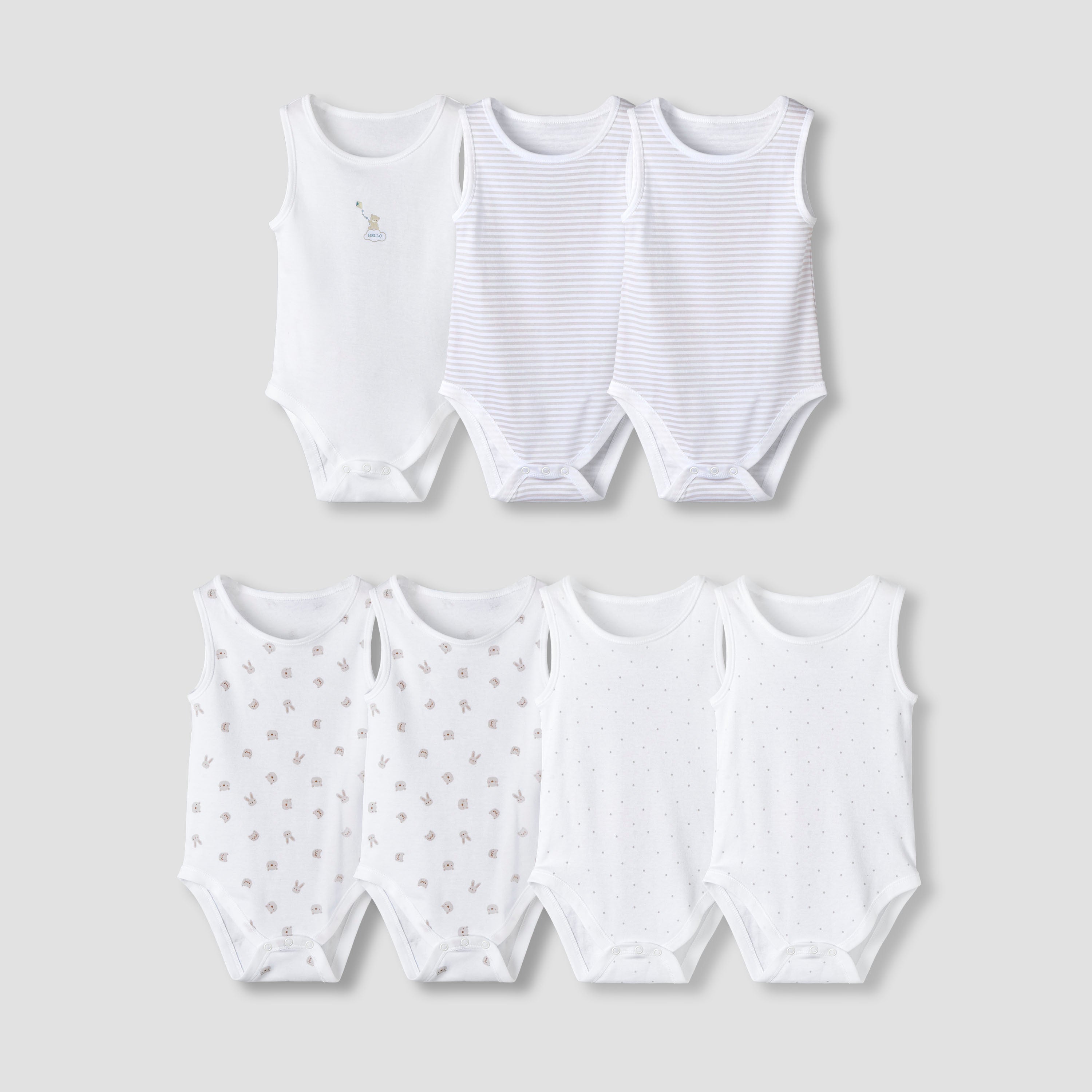 Pack of 7 Juniors Round Neck Sleeveless Bodysuit with Fun Prints - White / 18-24 mths