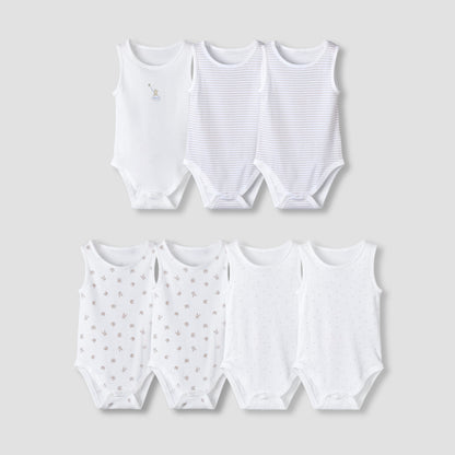 Pack of 7 Juniors Round Neck Sleeveless Bodysuit with Fun Prints - White / 18-24 mths