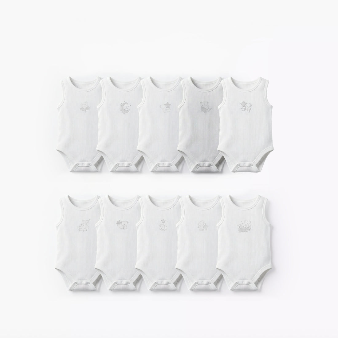 Pack of 10 Juniors Round Neck Sleeveless Bodysuit with Bear Print - White / 12-18 mths
