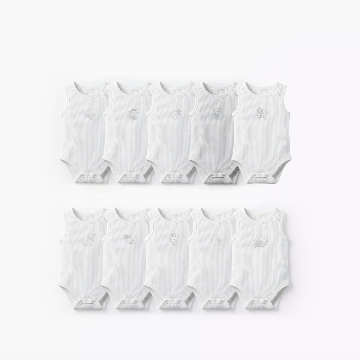 Pack of 10 Juniors Round Neck Sleeveless Bodysuit with Bear Print - White / 12-18 mths