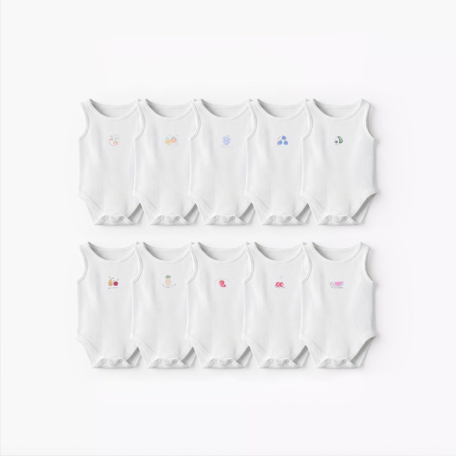 Pack of 10 Juniors Round Neck Sleeveless Bodysuit with Fruits Print - White / 12-18 mths